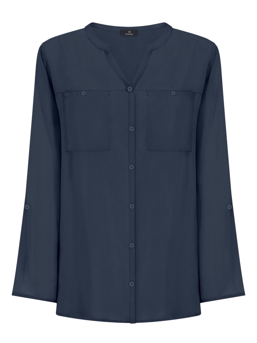 Camicie | Ragno Camicia Con Collo Alla Coreana In Ecoseta - Bleu