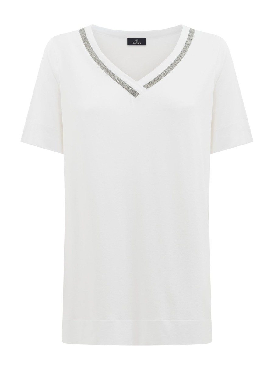 Magliette E T-Shirt | Ragno T-Shirt Elegante Con Scollo A V In Jersey Di Viscosa Crepe - Bianco