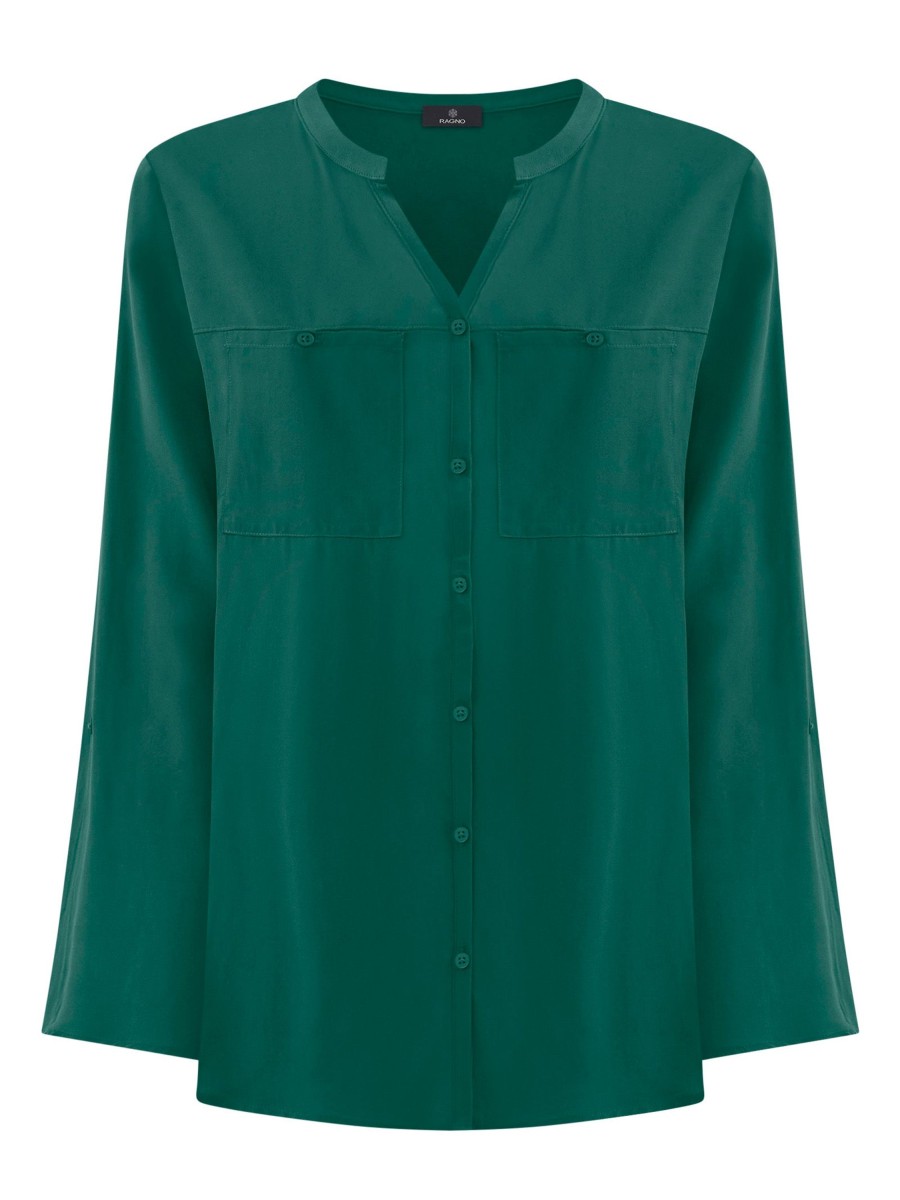 Camicie | Ragno Camicia Con Collo Alla Coreana In Ecoseta - Aventurine