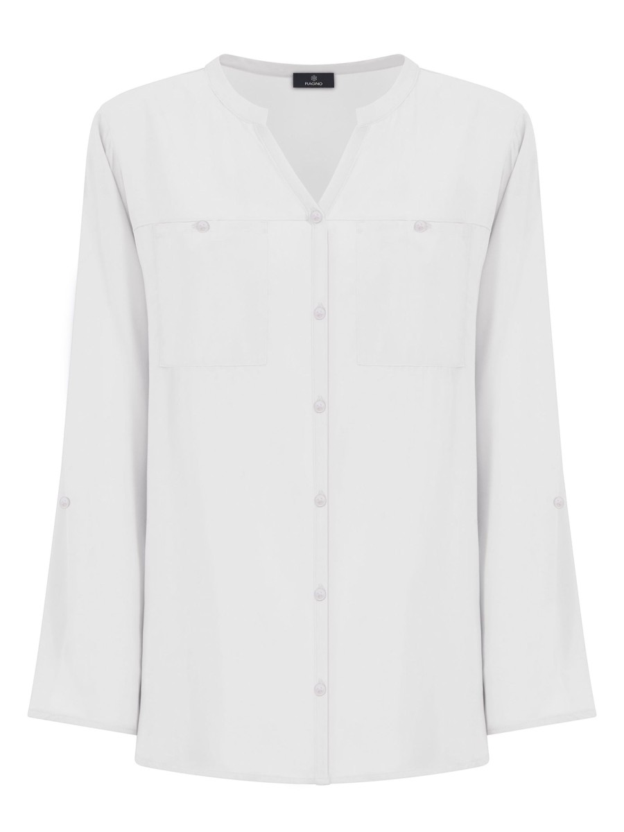 Camicie | Ragno Camicia Con Collo Alla Coreana In Ecoseta - Bianco