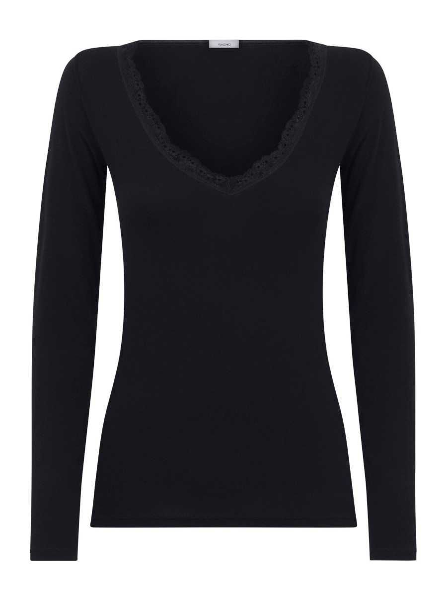 Top E Magliette | Ragno Tenderwool - Maglietta Scollo V A Manica Lunga In Misto Lana E Modal - Nero