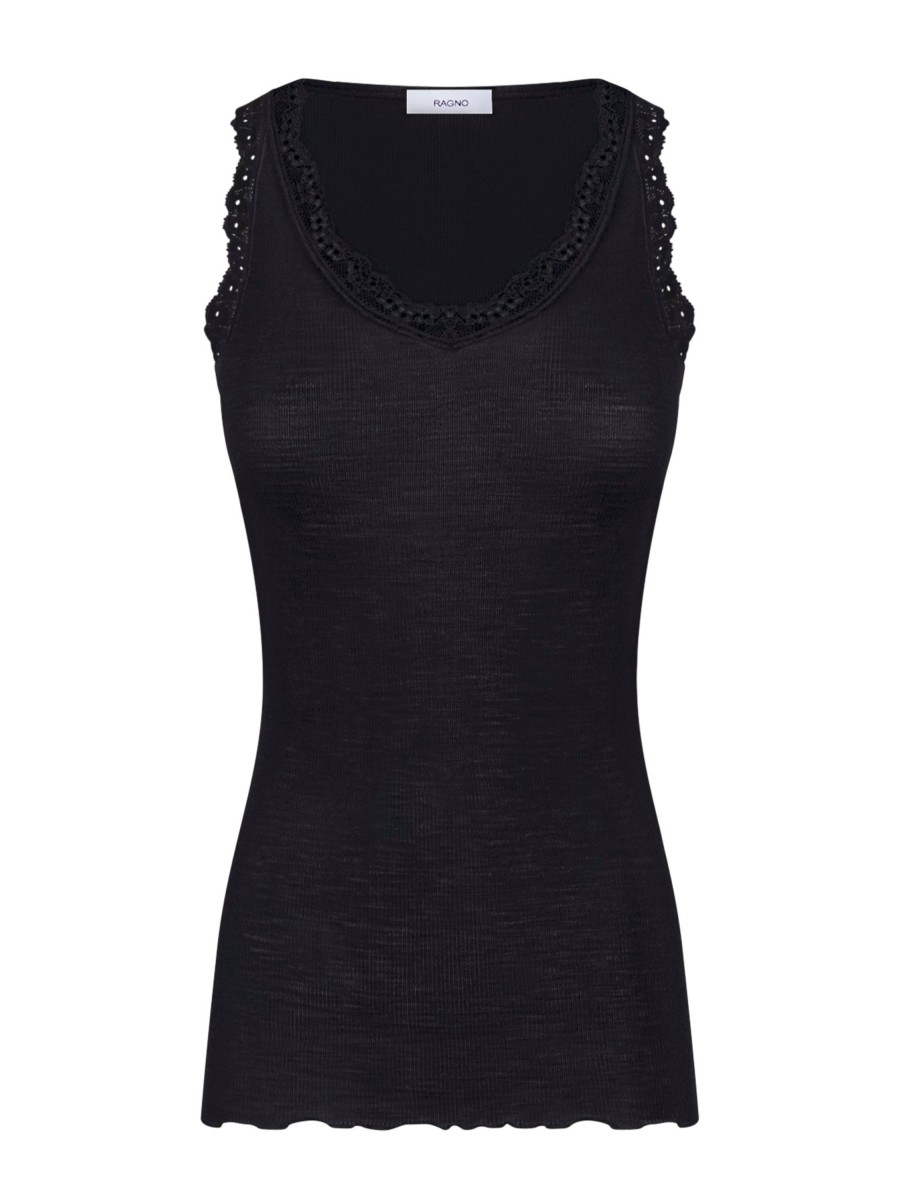 Top E Magliette | Ragno Merino Seta - Canottiera Scollo A V In Lana E Seta Con Pizzo - Nero