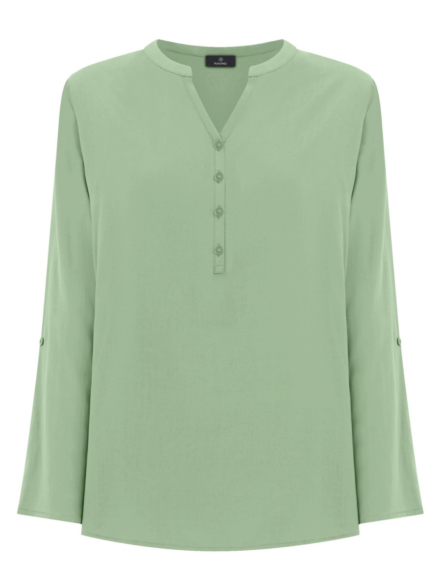 Bluse | Ragno Blusa Con Collo Serafino In Ecoseta - Quiet Green