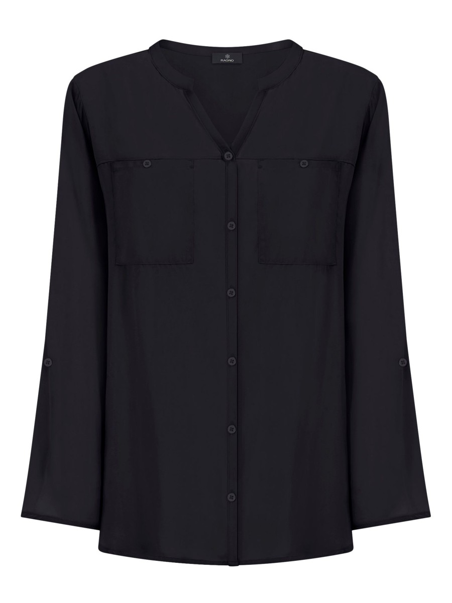 Camicie | Ragno Camicia Con Collo Alla Coreana In Ecoseta - Nero