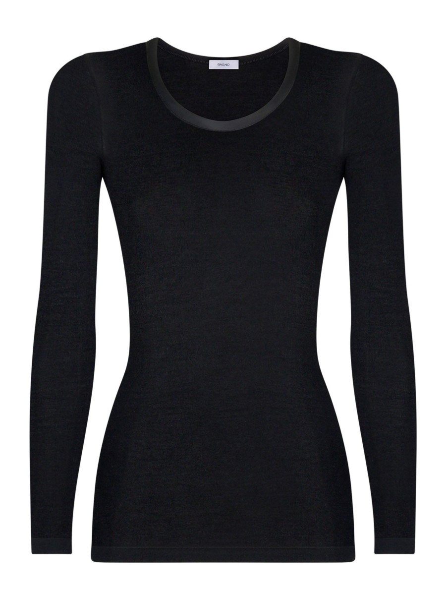 Top E Magliette | Ragno Wonderwool - Maglietta Manica Lunga In Lana Ultrafine Con Profili In Raso - Nero