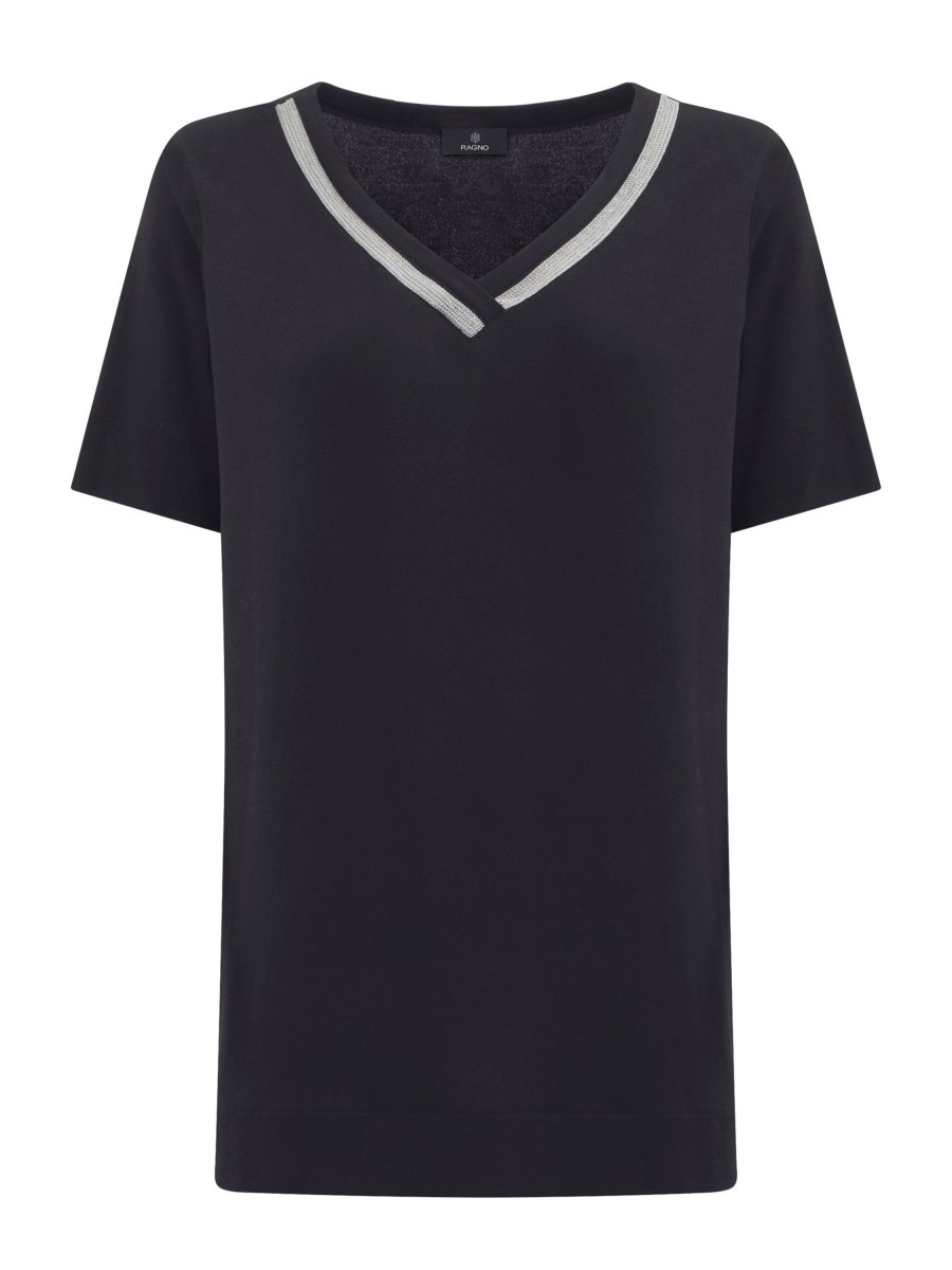 Magliette E T-Shirt | Ragno T-Shirt Elegante Con Scollo A V In Jersey Di Viscosa Crepe - Nero