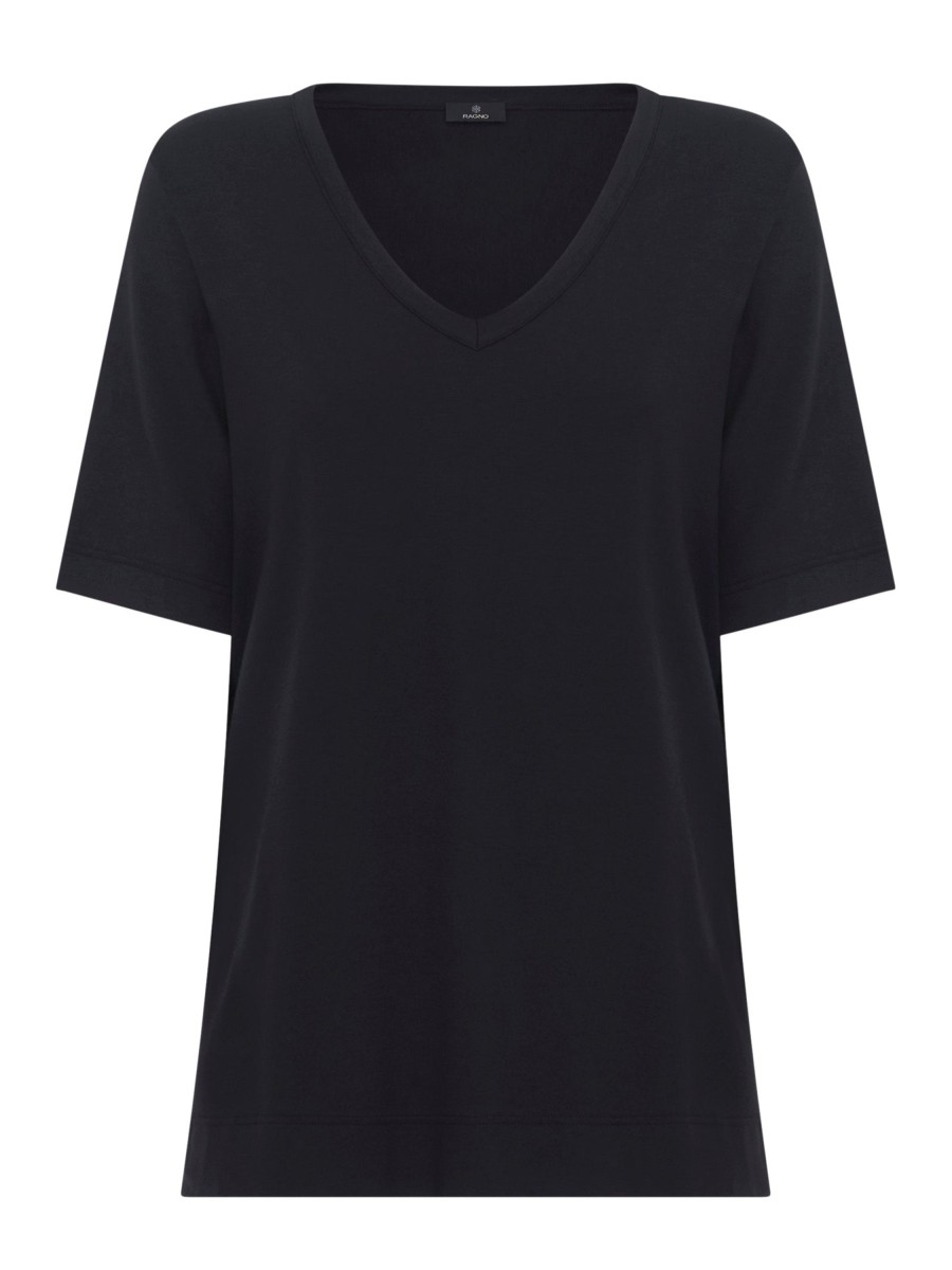 Magliette E T-Shirt | Ragno T-Shirt Con Scollo A V In Misto Viscosa - Nero