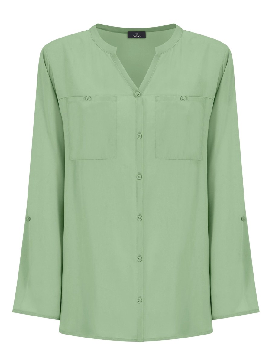 Camicie | Ragno Camicia Con Collo Alla Coreana In Ecoseta - Quiet Green