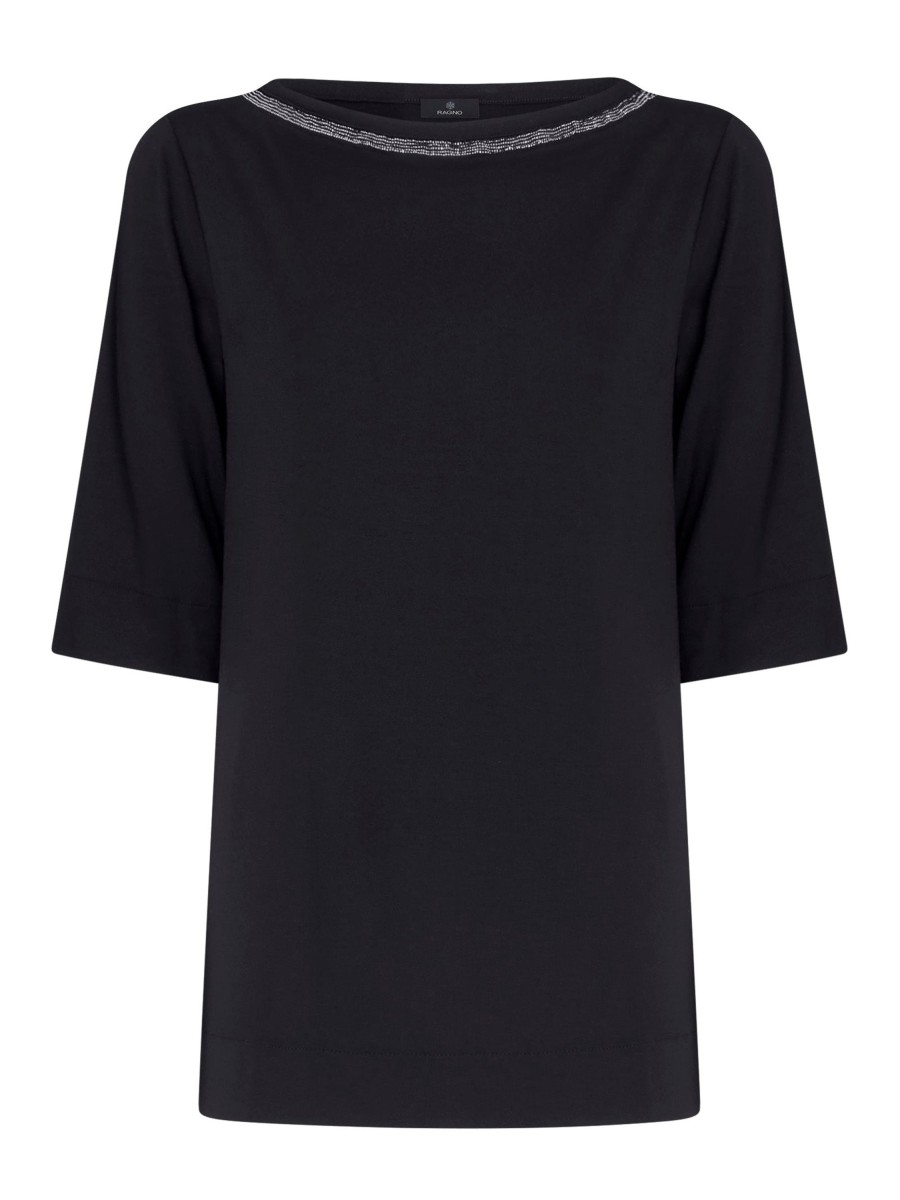 Magliette E T-Shirt | Ragno T-Shirt Girocollo Elegante In Jersey Di Viscosa Crepe - Nero