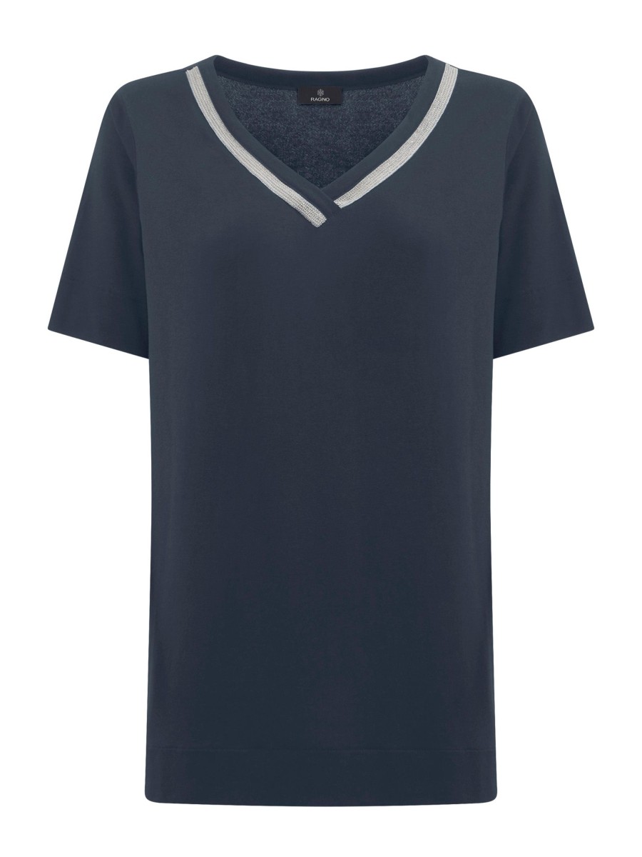 Magliette E T-Shirt | Ragno T-Shirt Elegante Con Scollo A V In Jersey Di Viscosa Crepe - Bleu